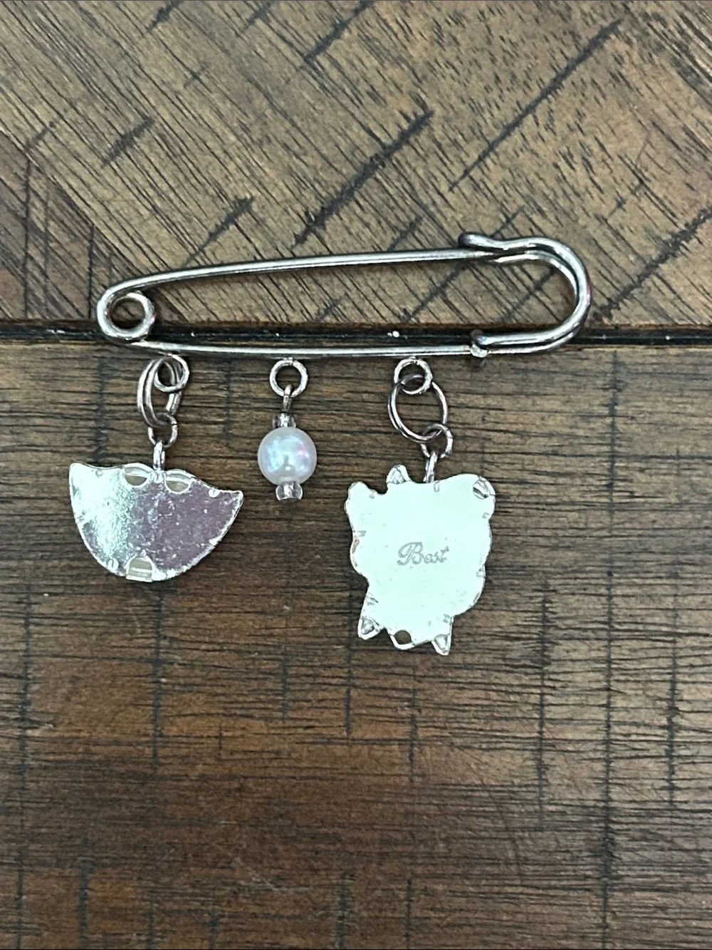 Silver Dental Charm Safety Pin Brooch with Red Smile and Pearl Accent